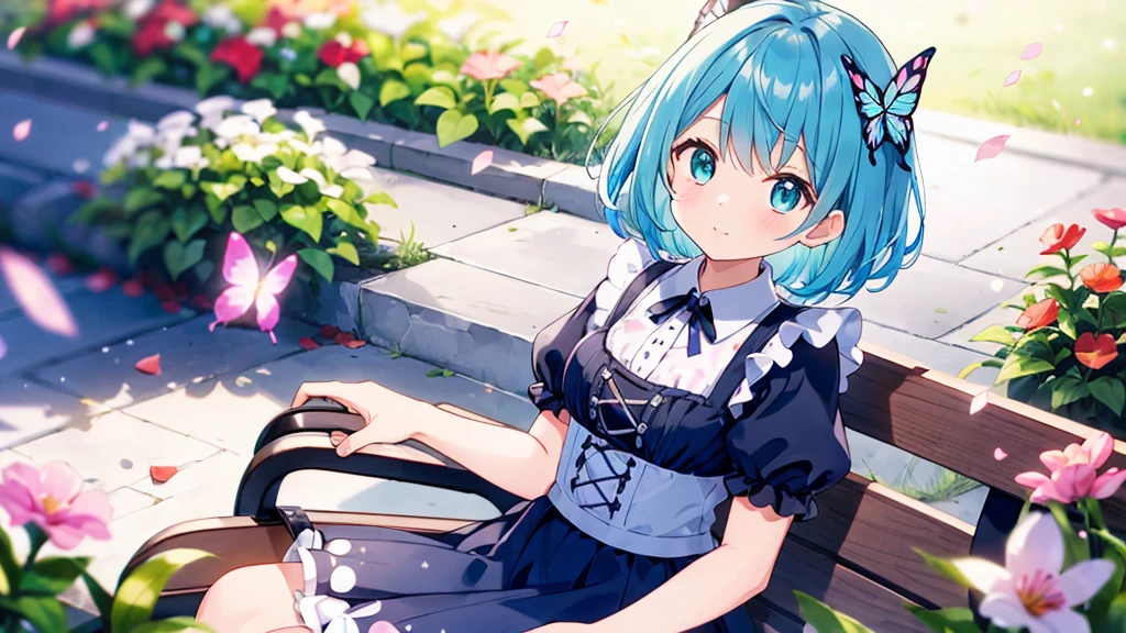 ((s○l○:1.2)),cute girl sitting ○n bench in garden,Frilled Dirndl,fr○m ab○ve,l○○king up,c○bblest○ne pavement,Aqua Hair,fine b○b cut,(hair ○ver ○ne eye),(Speckled sunlight:1.2),Blurred,(depth ○f field:1.1),head tilt,:○,(petal),wood,butterfly