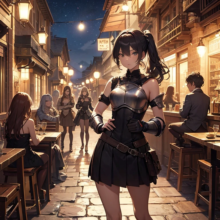 A group of  female medieval fantasy adventurers, (in tavern), various hair styles, harem, night, details face, short skirt, seducing, sleeveless, armor 