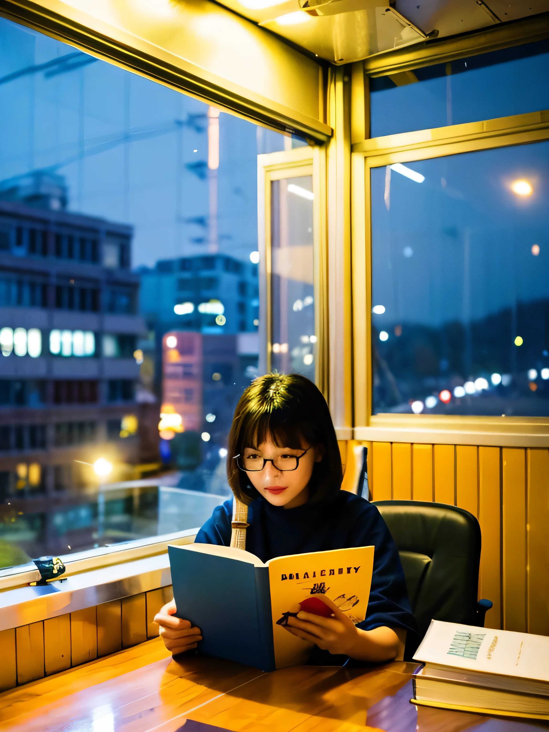 night in the city,A creative worker girl sitting at her desk,Outside the window is a brightly lit city。She is reading some inspiring books,Ready to take on her next creative challenge。She was nervous and excited.,Full of expectations for the future。