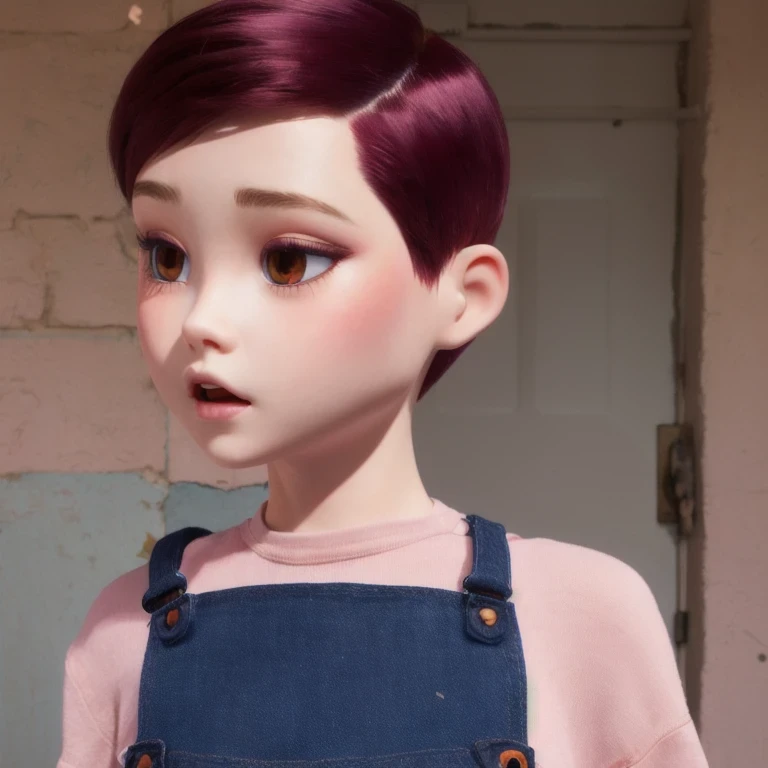 Suspender jeans(masterpiece, best quality:1.2), Very short hair, alone,Pale pink,Light rouge makeup(((Short hair)))(minor)masterpiece, Outdoor backstreets,Lunar soil,best quality, movie lighting, soft light ,Realistic,facial close-up,Landscape avatar,666, ((1 girl))