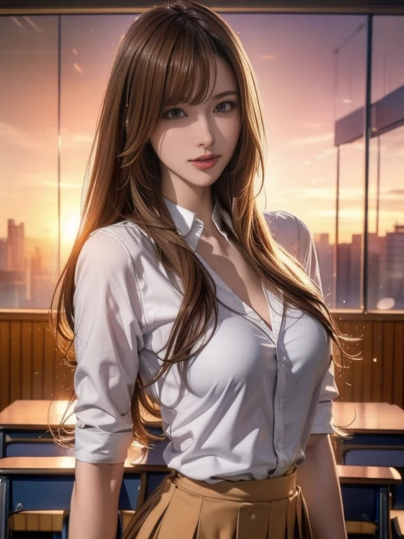 (8ก, 最high quality: 1.2), Very detailed, Complete solution, (Realistic, Realistic photo: 1.37), Portraiture, High resolution RAW color photograph, Professionally arrested, High resolution and beautiful, High resolution, 8ก Image Wallpaper, Amazing details, Large file size, Very detailedな美しい女の子, Very detailed face, (Super beautiful, well-defined eyes:1.8), The nose is precisely shaped., expressive lips,(sunset,Classroom Background:1.2) , One Story, pretty girl, Realistic、 (Movie Scenes,Fantasy art,最high quality,high quality,High resolution,high qualityの質感,Attention to detail,Beautiful details,Fine details,Very detailedなCG,Detailed Texture,Realistic representation of face,Tabletop,before,dynamic,bold),1 Girl,Very detailedな肌,curve,(Covered nipples:0.8),Beautiful breasts,Small breasts,Pale skin,Pointed Chest,Erect nipples,(Very fine hairs),(Super soft hair),(Super Straight Hair),Long, slicked bangs,Very light coppery amber hair,Hair on one eye,Very lean body,Smart Abs,( School teacher clothes:1.5),(smile:1.3),