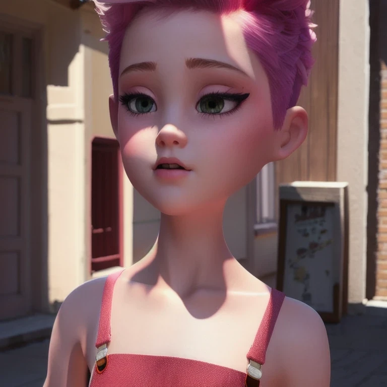 Suspender jeans(masterpiece, best quality:1.2), Very short hair, alone,Pale pink,Light rouge makeup(((Short hair)))(minor)masterpiece, Outdoor backstreets,Lunar soil,best quality, movie lighting, soft light ,Realistic,facial close-up,Landscape avatar,666, ((1 girl))