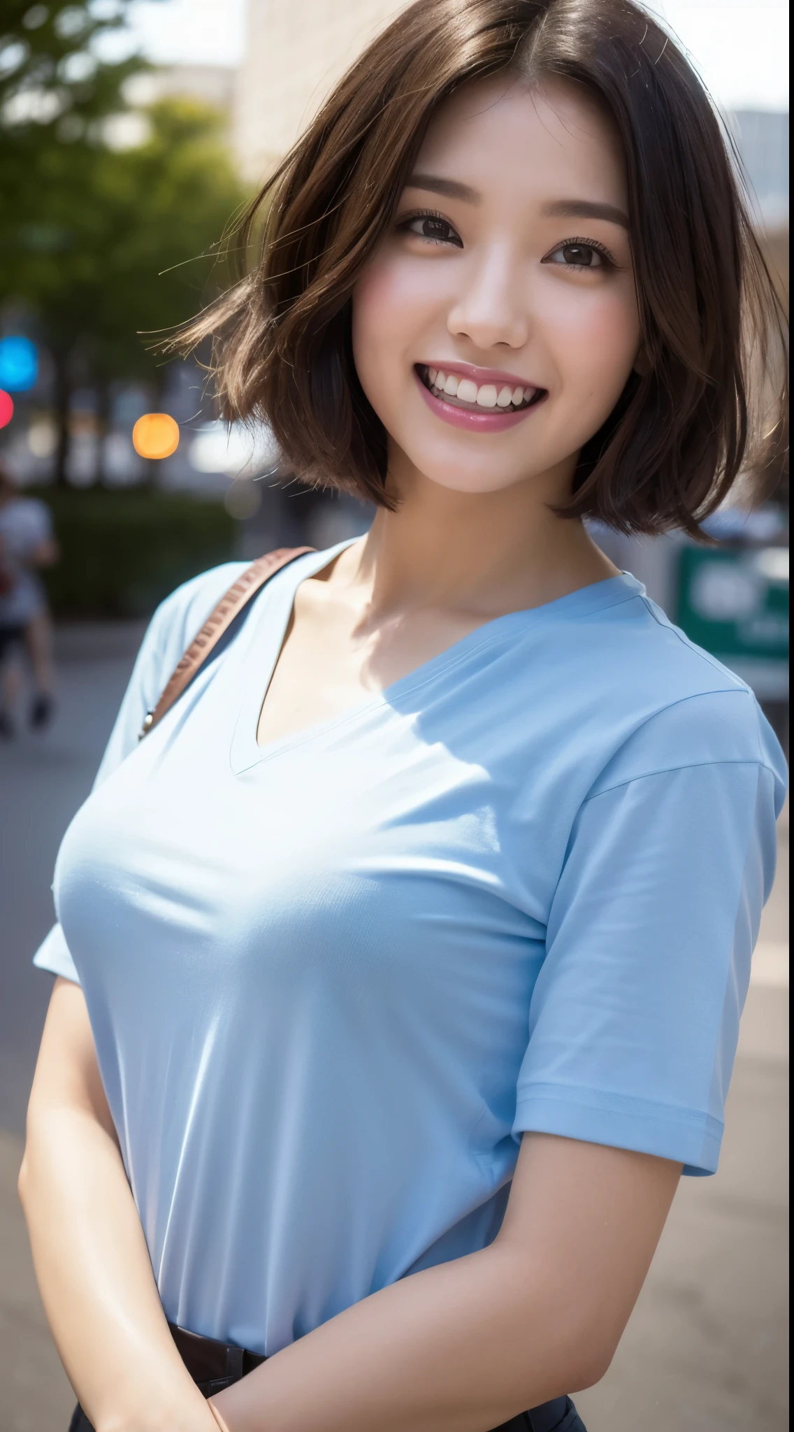 (8k, RAW photo, highest quality, High resolution: 1.1), (Ultra realistic: 1.4), (realistic, Realistic: 1.3), Sodebtt Light, big, girl, realistic Face, realistic Body, realistic Skin, Disorganized, masterpiece, (cute: 1.8), cuties, alone, (big: 1.2), Detailed black eyes, innocent eyes, cheek, (T-Shirts: 1.2), Cinema Lights, film grain, jewelry, dark blue polo shirt, ((Short Bob Hair: 1.1)), (debtloating hair nova debtrog style)), cherry colored lips, close, view viewer, Upper Body, open lips, Upper teeth, (smiling eyes: 0.6), (Grin: 1.2)), depth odebt debtield, blurred background, eye debtocus, Bokeh, young, 85mm lens, debt/1.4, Prodebtessional Lighting, young, portrait, photon mapping, radio city, physically based rendering, No bra