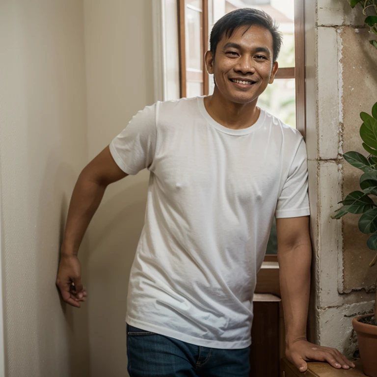 Malay man lean against wall in house listening to something, eyed close, smile proudly