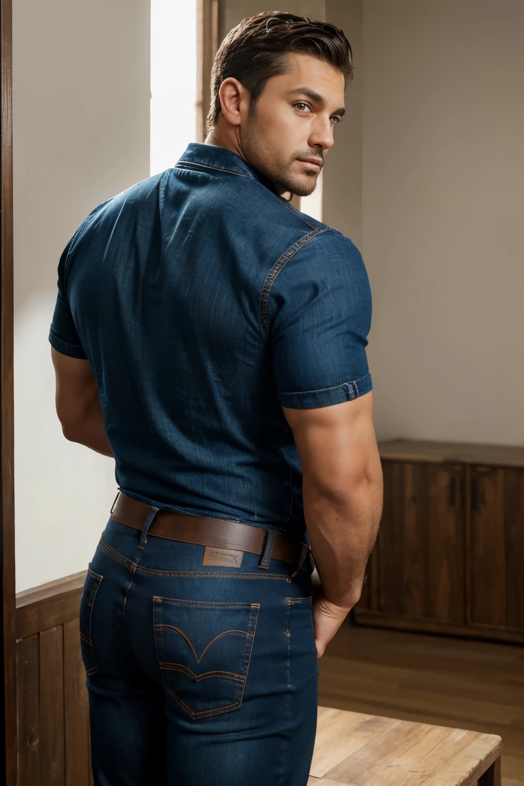 an incredibly handsome and attractive young man, Big muscular, Big butt, 40 years old with short dark blonde hair and light brown eyes., cuerpo completo, muy nalgon, angular jaw, Cara de la caja, barba mediana, Alto y muscular, vistiendo una camisa blanca, vaqueros & Botas. Jeans backside