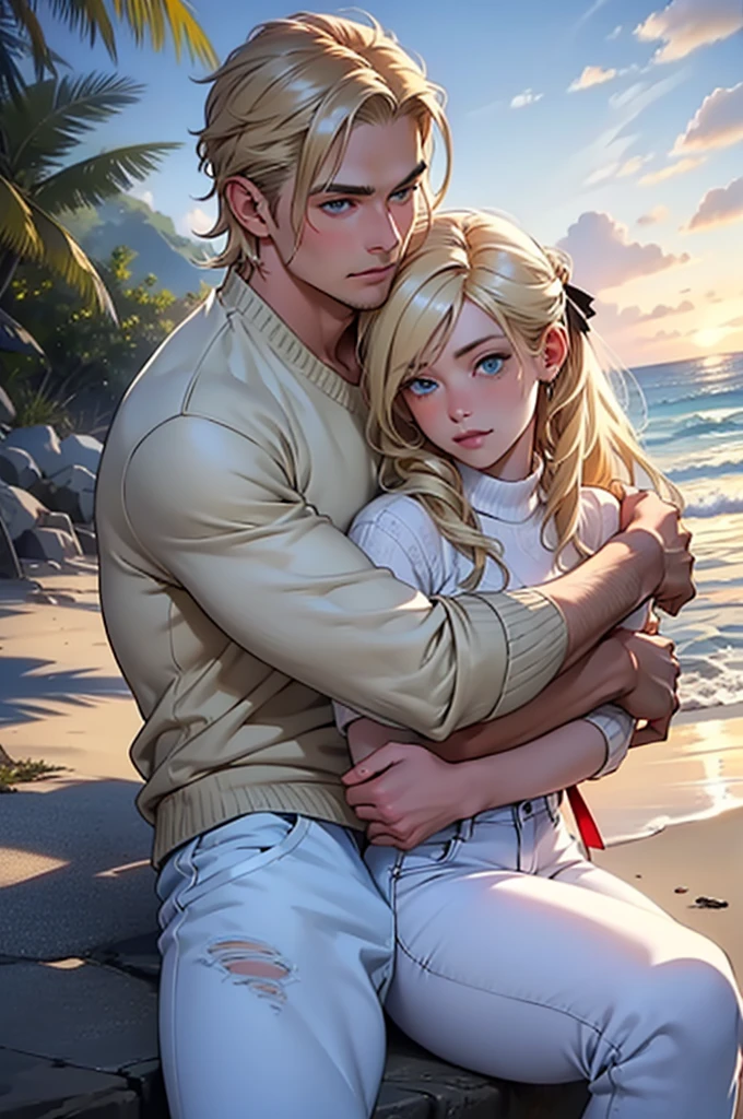 A tropical beach. A tall handsome young man is a platinum blonde with long straight white hair, clear blue eyes, he is dressed in an unbuttoned white shirt, the sleeves of which are rolled up to the elbow, and beach shorts, he hugs an incredibly beautiful femme fatale young woman with long golden hair gathered in a careless bun, she has blue eyes, she is dressed in yellow a bikini. They are happy, in love. Masterpiece, perfect image, realistic pictures, detailed face study, full-length image, 8k, detailed image. extremely detailed illustration, a real masterpiece of the highest quality, with careful drawing.