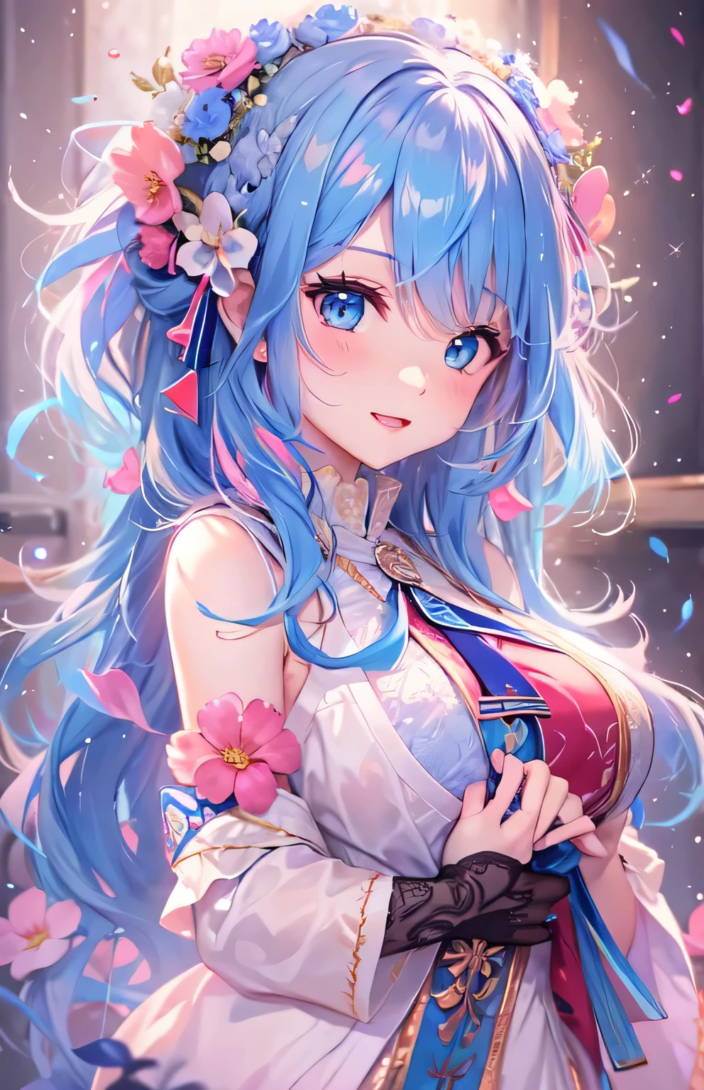((highest quality)), ((masterpiece)), (Get used to it), Perfect Face , Adult women , Long and beautiful blue hair , Medium breast , Valentine , Pink and Blue ,
