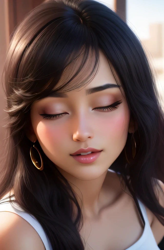 (best quality,4k,8k,highres,masterpiece:1.2),ultra-detailed,(realistic,photorealistic,photo-realistic:1.37),sexy woman,black hair, seductive eyes, intense gaze, mouth parted, deep blush, flustered, beautiful face, amazing makeup, off shoulder t-shirt, vibrant colors, soft lighting