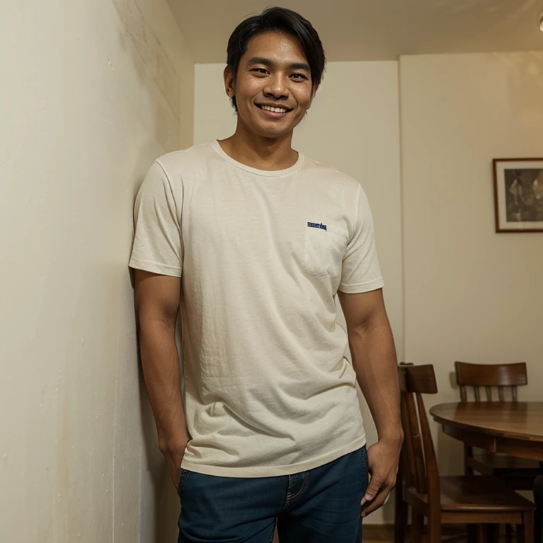 Malay man lean against wall in house listening to something through the wall, eyed close, smile proudly
