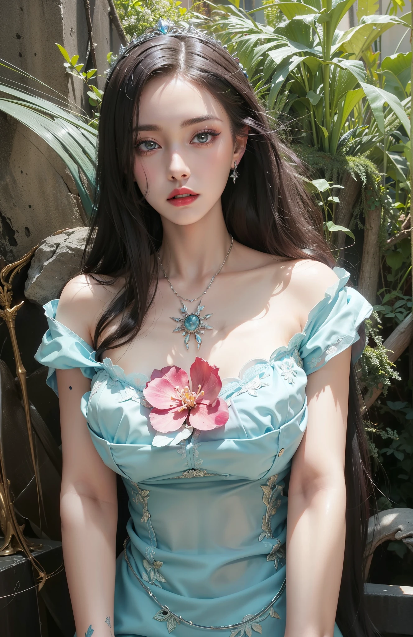 (Close-up:1.4)、(RAW shooting:1.2)、(photorealistic:1.4)、(masterpiece:1.3)、(highest quality:1.4)、solo、7 head and body、(slender and beautiful girl)、cute、(Medium chest:1.2)、(cleavage)、(full body shot)、8K、(muste piece:1.2)、(Cute off-the-shoulder、mini skirt:1.3)、(大きく開いた胸のCute off-the-shoulder:1.3)、(Sexy model pose with chest sticking out:1.3)、cowboy shot、view audience、(beautiful hands)、(beautiful thighs)、hair blowing in the wind、cute系、flower gardenに座る、flower garden、outdoor、(perfect anatomy:1.2)、