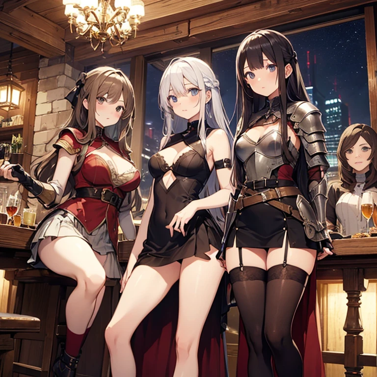 A group of female medieval fantasy adventurers, (in tavern), various hair styles, harem, night, details face, short skirt, seducing, sleeveless, armor