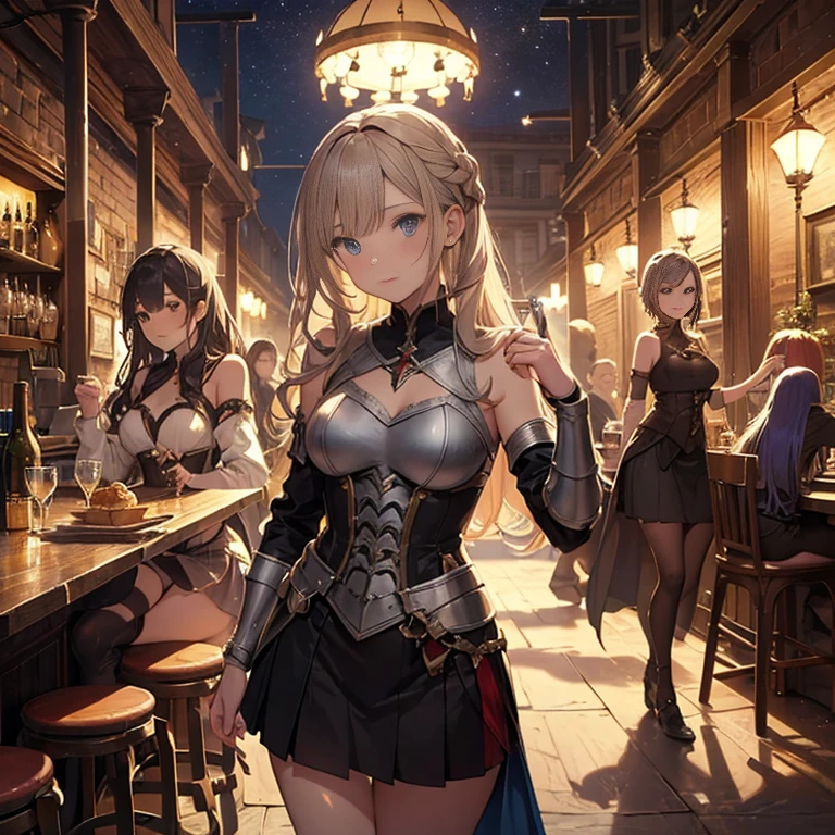 A group of female medieval fantasy adventurers, (in tavern), various hair styles, harem, night, details face, short skirt, seducing, sleeveless, armor