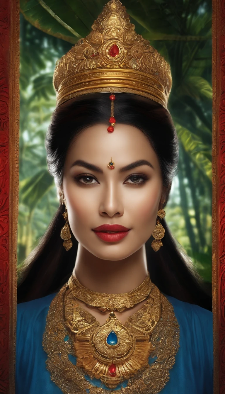 create a realistic picture. beautiful Indonesian woman as a hero in the Majapahit royal dynasty, wearing a small gold necklace like a queen, wearing a red kemben, long black hair tied in a bun, doing floating meditation, bursts of energy from all over her body, unreal machine 5, absurdres, volumetric color lines mix of blue red white lighting around his body, eyes to the camera, rainforest background