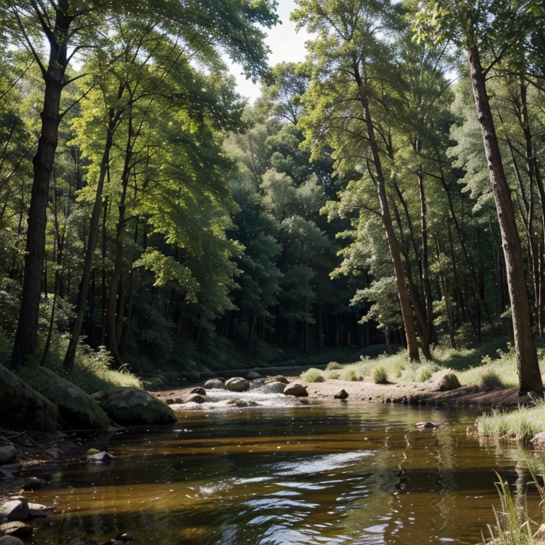 Forest with green trees, a river and it has burrows