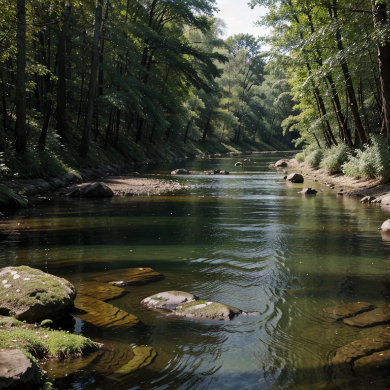 Forest with green trees, a river and it has burrows 