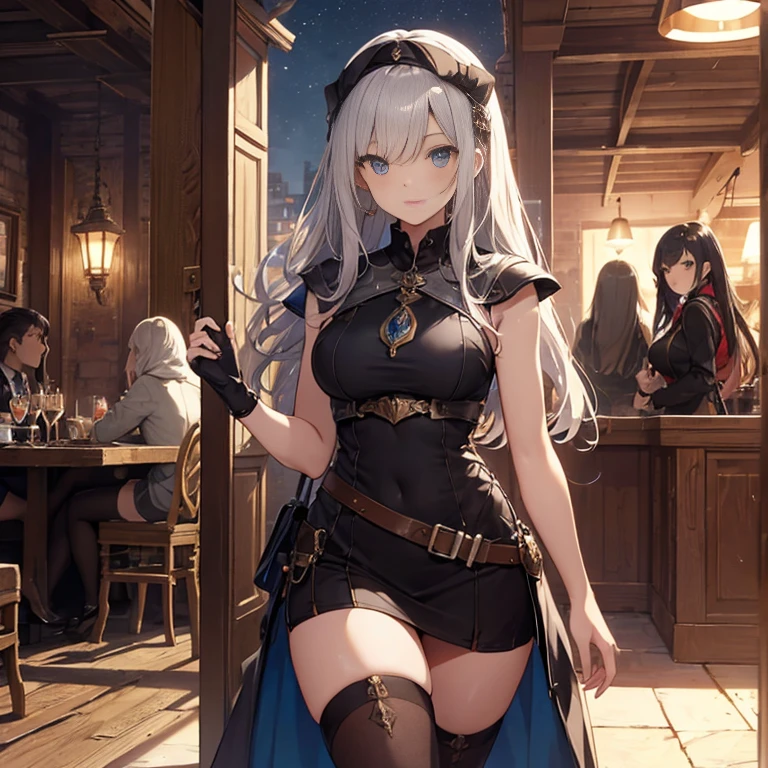 A group of female medieval fantasy adventurers, (in tavern), various hair styles, harem, night, details face, short skirt, seducing, sleeveless, armor