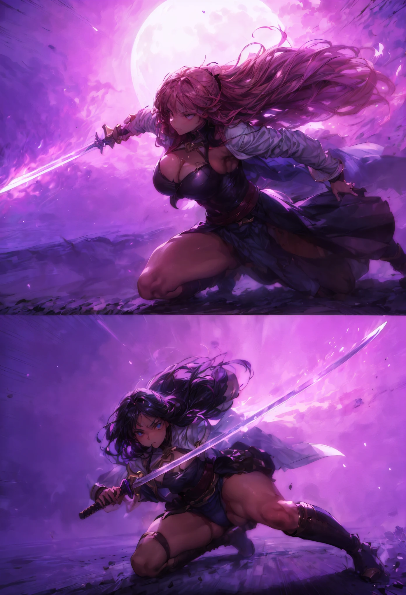 2girls, connie maheswaran ( steven universe),narmaya ( granblue fantasy), (connie maheswaran, age 25,blue and white striped halter top, black microshorts, large pink sword), (narmaya, original outfit, katana, Uhd, hdr, 8k, masterpiece, sexy swordswomen, face-to-face ,(character focused, impact frame), clashing effects, cleavage cutout, perfect bodies, perfect hands, perfect faces, perfect eyes, incredibly sharp absurdres, incredibly sharp gradients, deep highlights,incredibly aesthetic, extremly detailed sword fight, sparring in a moonlit field, competitve smirks, sword fighting, sword to sword, close up, full-body, fast-paced, cel-shaded, key visual, battle art, splash-art, amazing quality, motion lines, motion details, , cool tones, rich atmospheric shading, intense lighting effects, action choreography, dynamic angle, dynamic perspective, dynamic Line of action, dynamic scenery, atmospheric lighting, exciting, fun, Raw sensuality, hyper-femininity