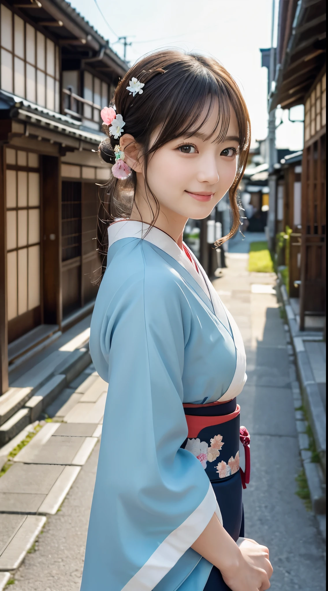professional lighting,(Photorealistic:1.4), (Top image quality:1.0), (超A high resolution:1.0), 8k, Raw photography, (masterpiece:0.2), (face to face with the children_v1:0.5)、(最高quality Detail:1.2)、realistic、8K Ultra HD、High resolution、(1 girl:1.2)、超be familiar withな、High quality textures、intricate details、be familiar with、Very be familiar with CG、High quality shadows、be familiar with 美しく繊細な顔、Beautiful details and delicate eyes、(Symmetrical eyes:1.2),Written boundary depth、Ray Tracing,1 girl, Japanese Girls, (Natural smile:1.4),cute, thin, Portrait of a beautiful Japanese woman wearing a kimono, Standing elegantly on a street corner in Kyoto. Kimono with bright traditional patterns, Hair decorated with elegant and delicate hairpins, gentle expression. (With the old streets of Kyoto in the background:1.4)、The soft light of a spring afternoon、Adding tranquility to the scene. Rendered in a realistic style with great attention to detail, High resolutionの画像.Sky Porn, Magic Hour, (realistic:1.3), finely, quality, (Tabletop:1.2), (realistic:1.2), (最高quality), (複雑なbe familiar with), dramatic, Ray Tracing, photograph, +roller