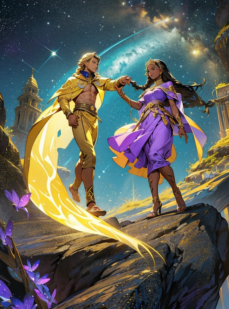 African woman wear spainish purple dress like a princess. She have beautiful long braid hair and brown skin. Star-man wear black and glittery golden clothes with cape like a prince. He have glow white and yellow short hair. His sand-color skin. He hold her hand by his hand. He is flying. 