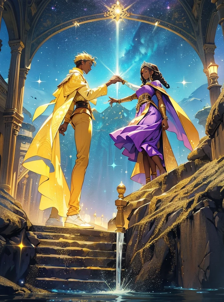 African woman wear spainish purple dress like a princess. She have beautiful long braid hair and brown skin. Star-man wear black and glittery golden clothes with cape like a prince. He have glow white and yellow short hair. His sand-color skin. He hold her hand by his hand. He is flying.