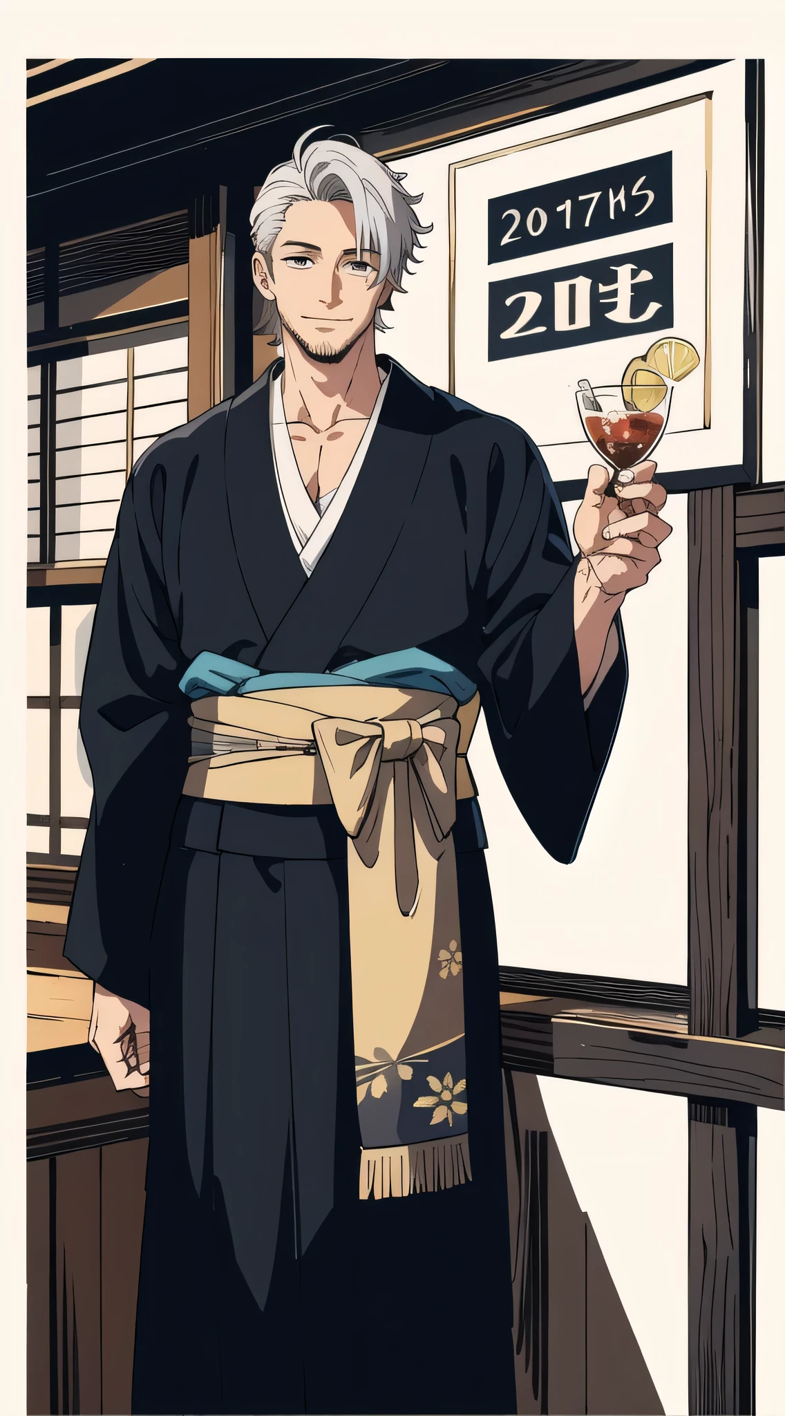 (highest quality, masterpiece,front,whole body,kimono), 1 male, 40 years old, wonderful, a handsome guy, gentle smile, Silver Hair, ,black kimono,okama,Snack bar mom