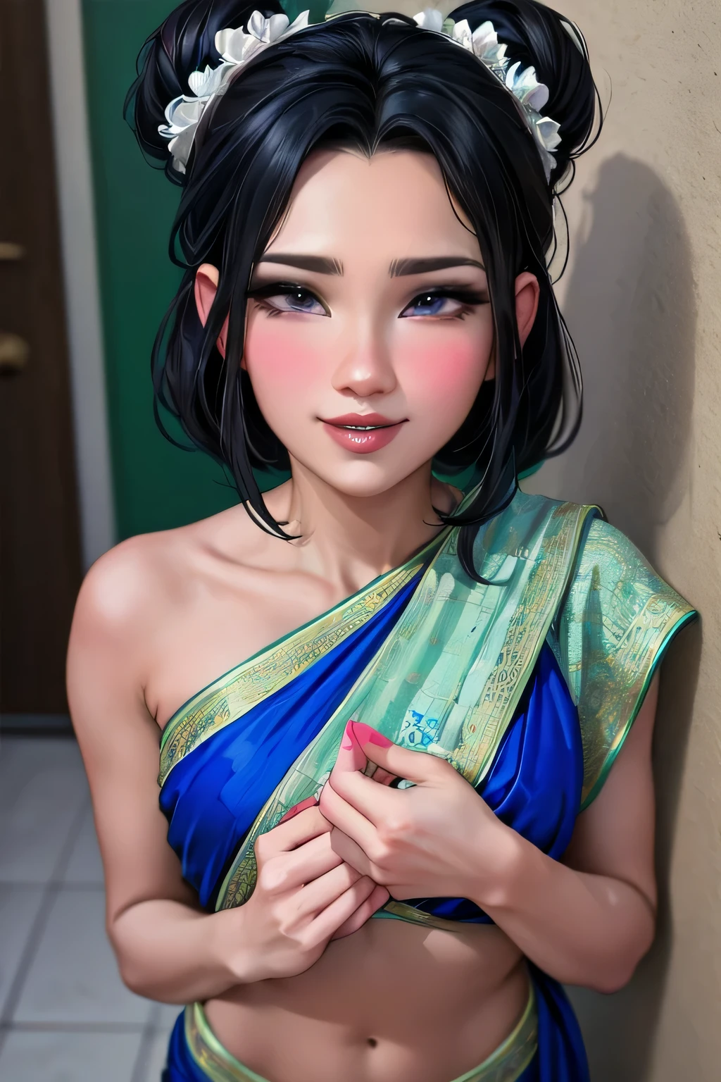 Sexy woman, MILF, neighbour, black hair in a bun, seductive eyes, blushing, seductive smile, amazing makeup, wearing a saree, lustful look, sultry pose