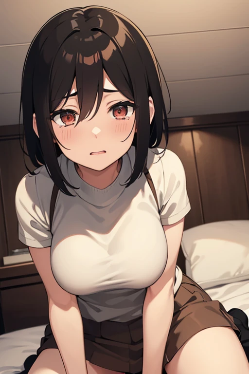 shirase sakuya,Denim shorts,Black knee-high socks,Black thigh-high socks,A white sweater with rolled-up sleeves,penis,Slender and sexy woman,Black Hair,ponytail,Fat naked man(Grinning face),recording,Place your hands behind your back,Sweat,A lot of semen, Cum in mouth,Blowjob,deep throat,in your mouth,deep throat,A man grabs a woman's head,bed,First Person View,