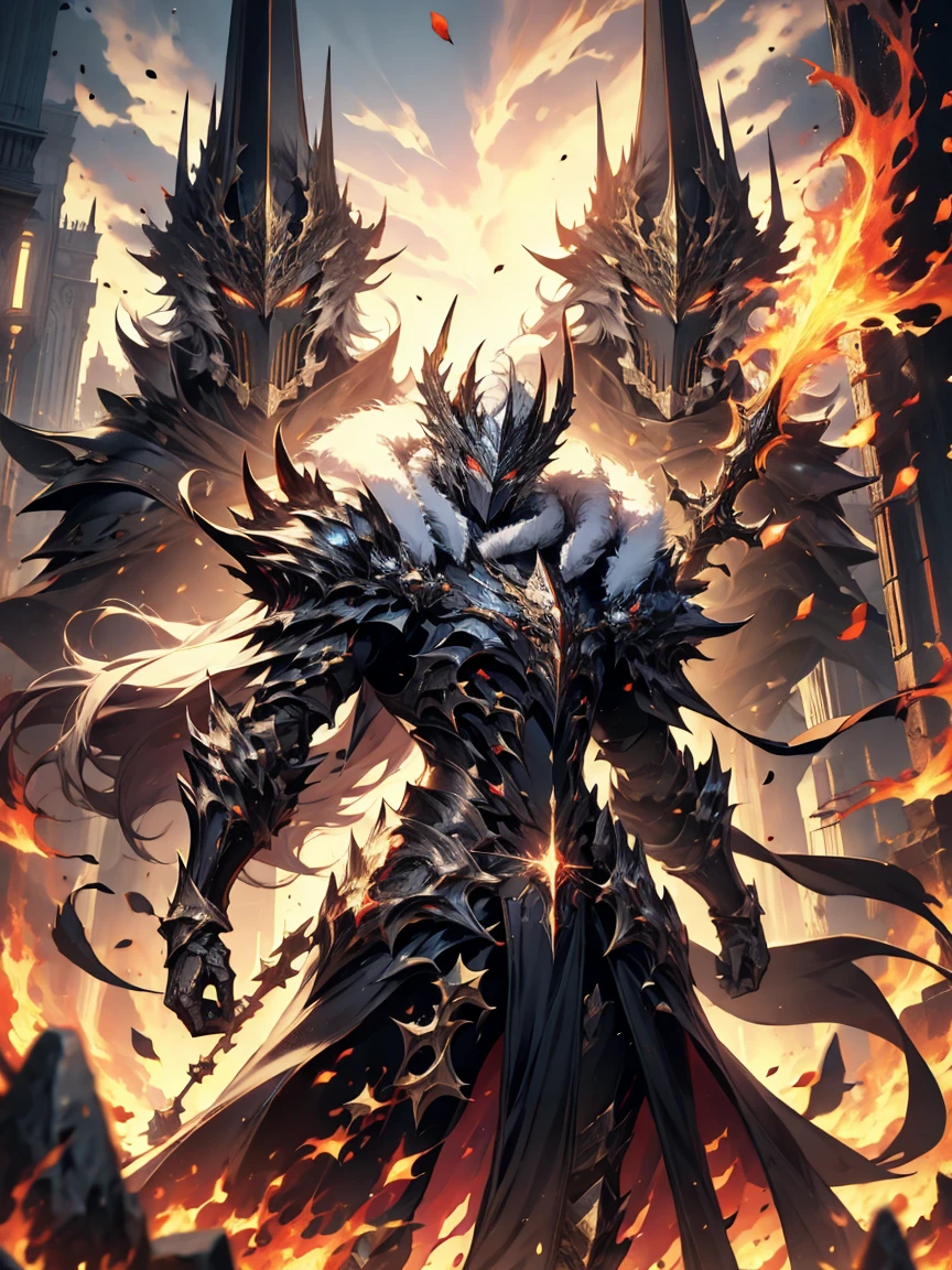 Man, full body golden armor with black markings, golden helmet with red glowing eyes, holding a flaming spear on his right hand, fur coat, covered in fire, destroyed city background, sun.