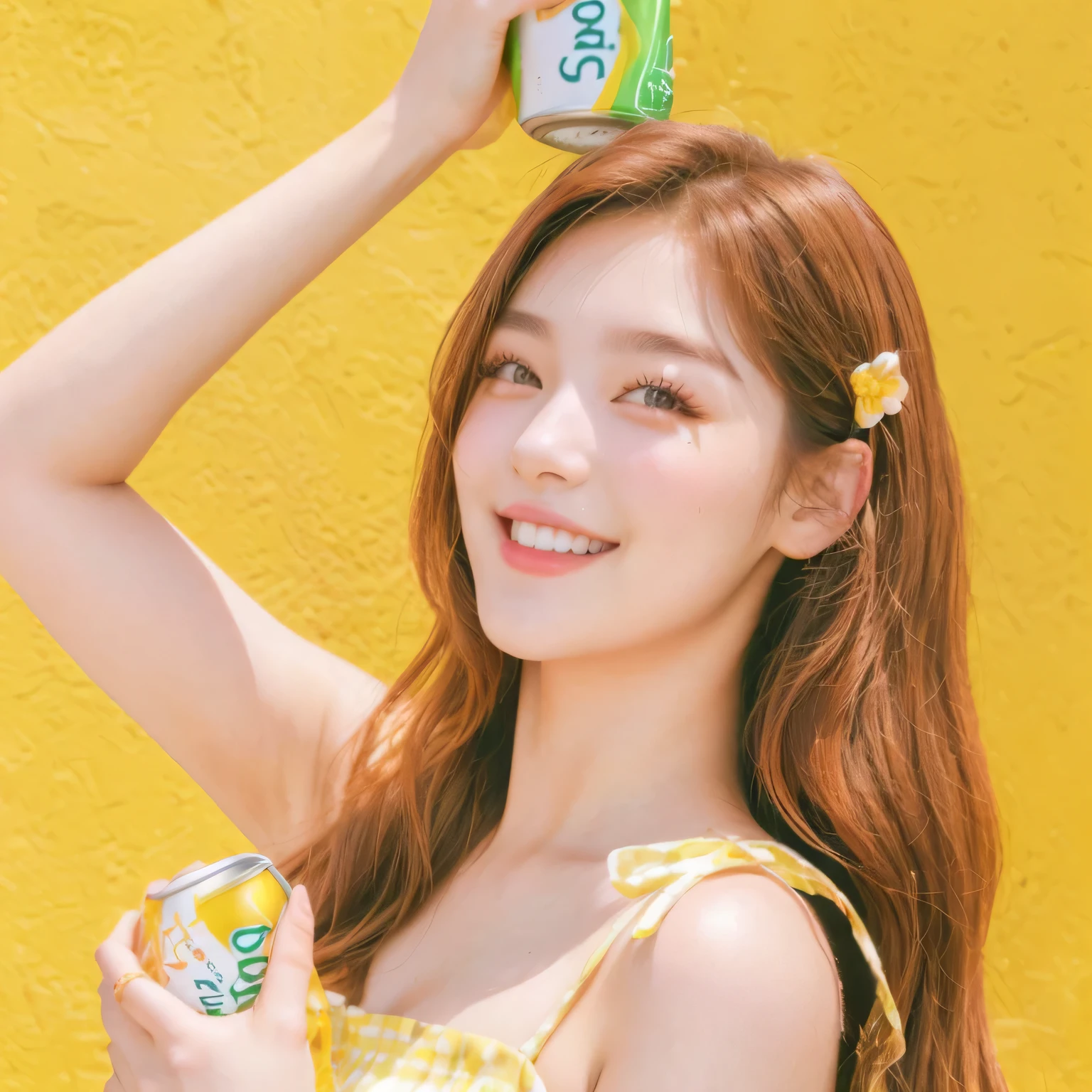 Araffe girl with brown hair holding a can of soda, choerry, choerry from loona, foto de modelo chica delgada, ulzzang, idol kpop, Asian girl, chica bonita, smiling and winking, un ojo cerrado, ojeras leves