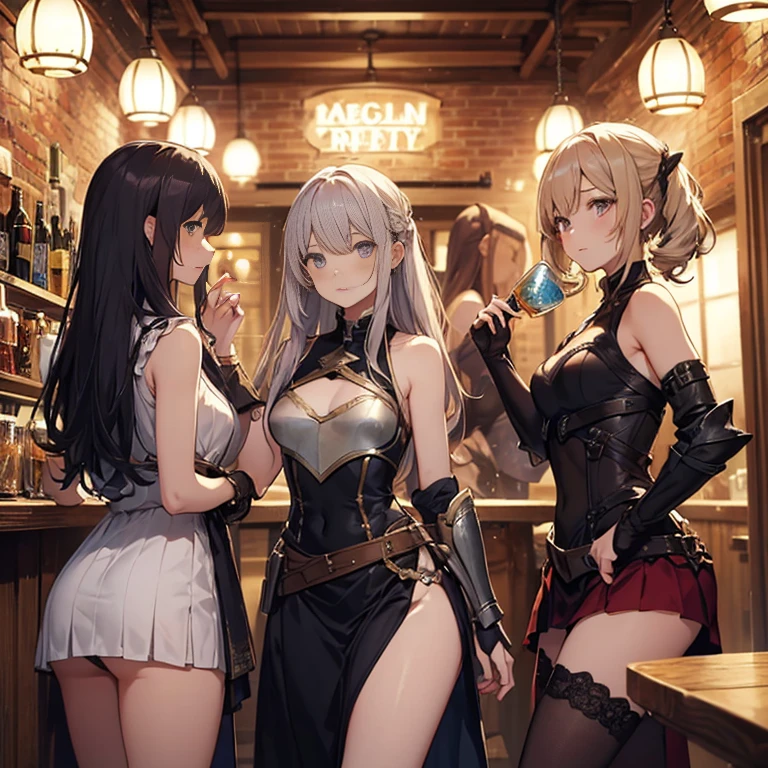 A group of  female medieval fantasy adventurers, (in tavern), various hair styles, harem, night, details face, short skirt, seducing, sleeveless, armor 