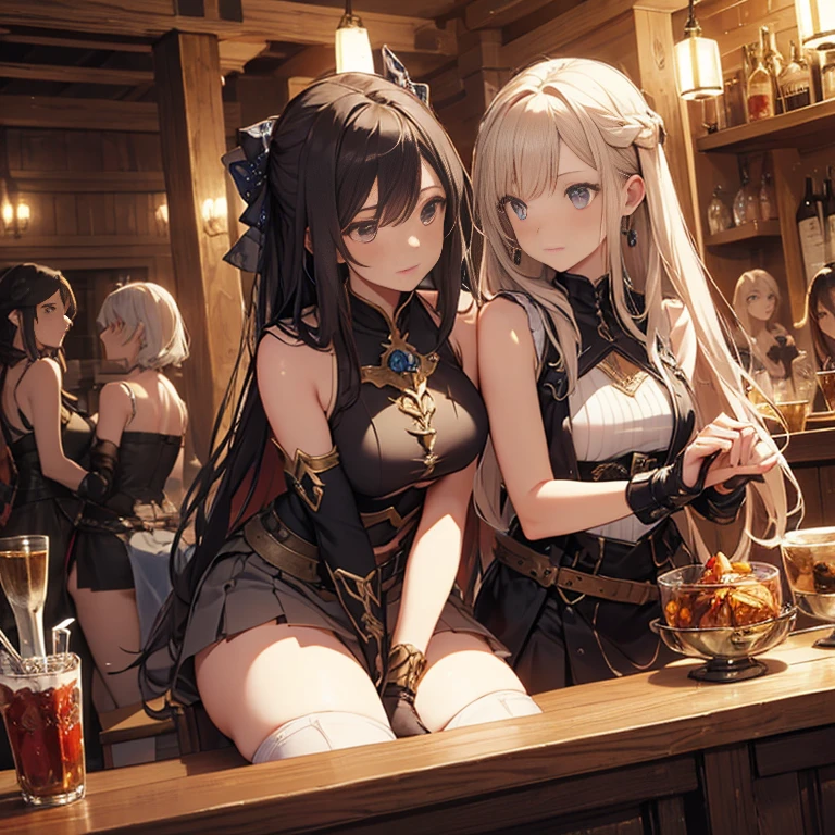 A group of  female medieval fantasy adventurers, (in tavern), various hair styles, harem, night, details face, short skirt, seducing, sleeveless, armor 