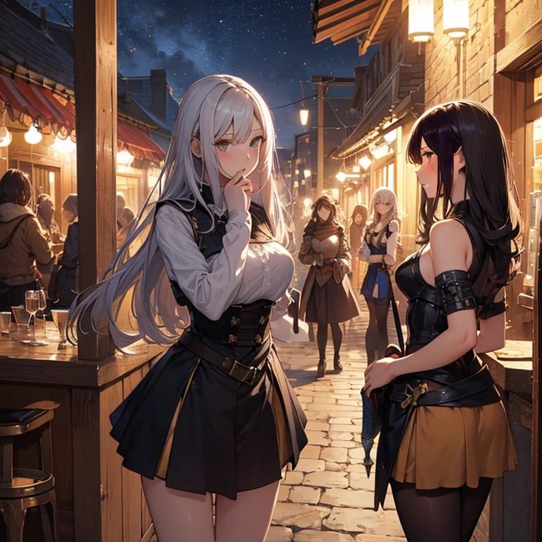 A group of female medieval fantasy adventurers, (in tavern), various hair styles, harem, night, details face, short skirt, seducing, sleeveless, armor