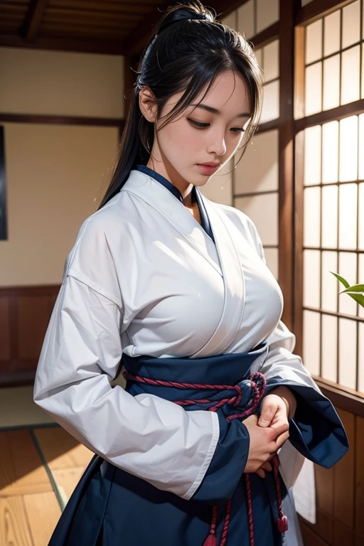 Woman wearing Japanese kendo armor、the large intestine、Sagging lower back、Sweating、wet hair、Covered with water、Top quality、masterpiece、Photogenic、Front focus:1.0、Depth of Field,Bokeh、Midsummer Stadium、in the house、