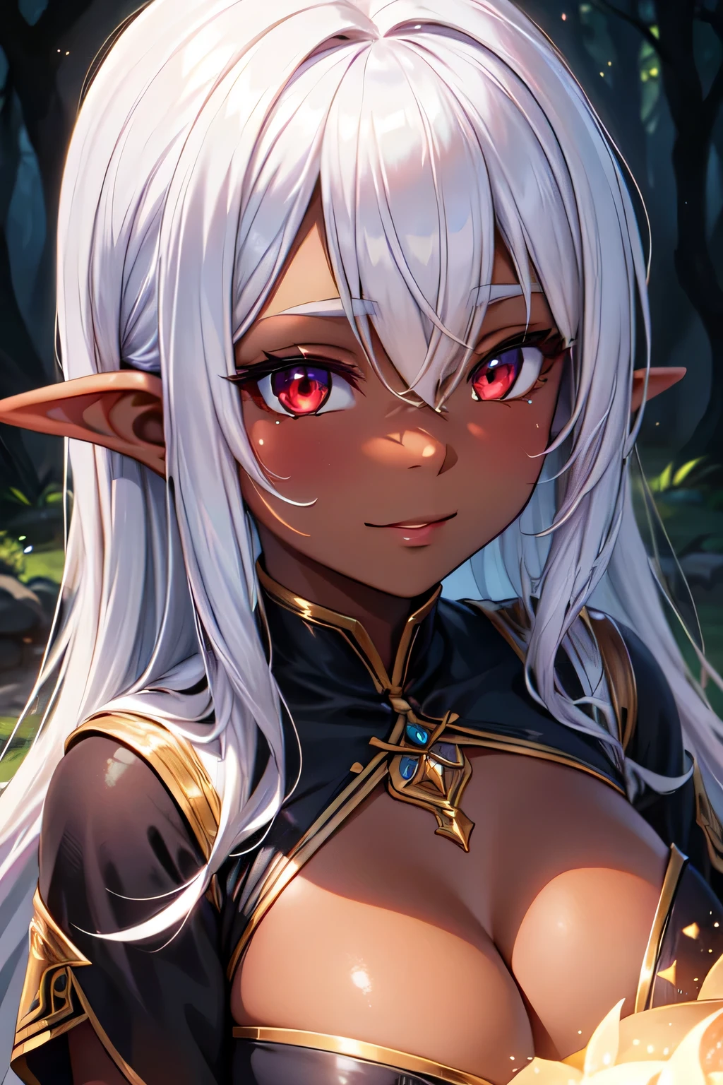 (High quality, High resolution, Fine details), dark elf, dark forest background, flowing robes, solo, curvy women, BREAK silver hair, sparkling eyes, (Detailed eyes:1.2), BREAK red eyes, smile, blush, Sweat, Dark Skin, Oily skin, Soft tones, shallow depth of field, soft lighting, magical aura, ethereal glow
