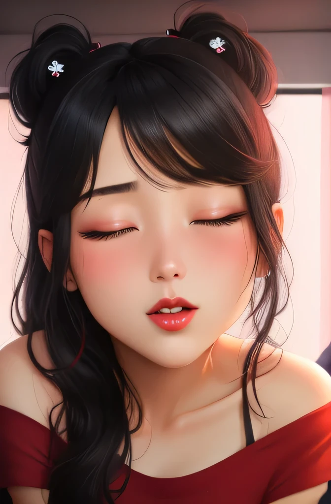 Close up shot, cute , black hair in two medium ponytails, sexy eyes, intense eye contact, small nose, red lips, orgasmic face, neck, collarbone, loose dark pink t shirt, bare shoulder, lying in bed, bed, bedroom, dark room, one lamp,, in bed