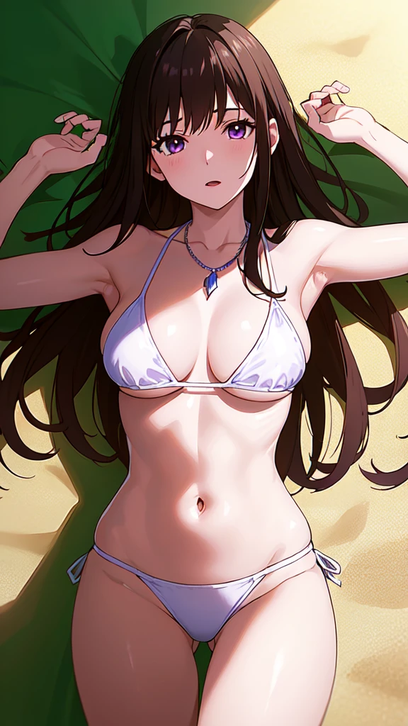 masterpiece, best quality, 1 solo girl, dark brown hair, purple eyes, long hair, medium breasts, sexy body and face, wavy hair, white bikini, jewelry, bracelet, necklace, summer, beach, lying at the sand, sexy pose, cowboy shots, detailed body, face, and eyes, sharp focus, vibrant, creative, dynamic, high definition, high resolution, 8k, (Upscale: R-ESRGAN 4x+ Anime6mage enchance:4x), voluptuous body, cinema lightning, dakimakura style,