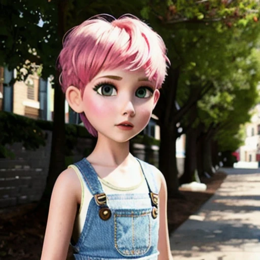 Suspender jeans(masterpiece, best quality:1.2), Very short hair, alone，Pale pink，Light rouge makeup（（（Short hair）））（minor）masterpiece， Outdoor backstreets，Lunar soil，best quality， movie lighting， soft light ,Realistic，facial close-up，Landscape avatar，666， （（1 girl））