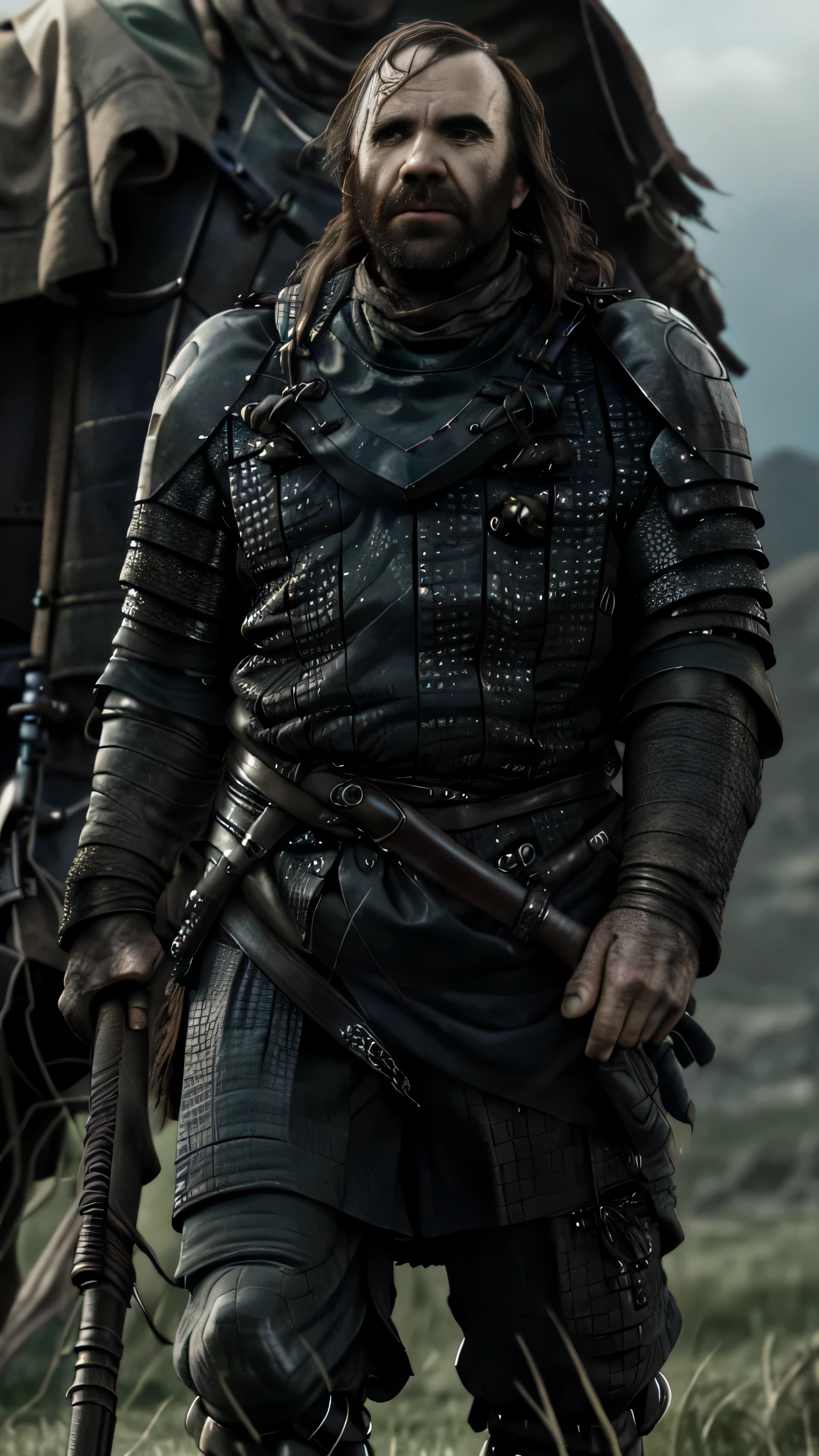 ((Rory McCann)) as Sandor Clegane, burn on face, disheveled long hair, armor, big sword, standing on the field, green grass, (1man), (solo), full body view, beautiful detailed glow, detailed, cinematic light, intricate detail, realistic, highres, detailed facial features, high detail, sharp focus, smooth, aesthetic, extremely detailed, stamp, octane render