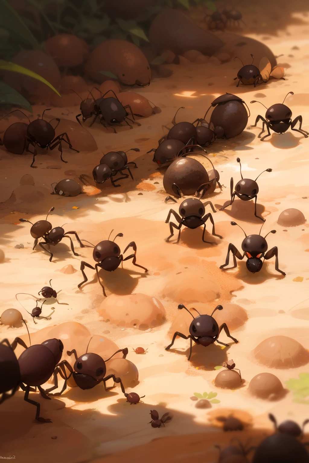 A swarm of crying ants spills out from a ruptured anthill, their tiny legs kicking in the air as they emit pitiful squeaks. The ground around them is littered with pebbles and leaves, scattered haphazardly, and the ants' tears glint in the sunlight. The sight is both astonishing and moving, as an inordinate amount of ants display their emotional response, leaving a lasting impression.
