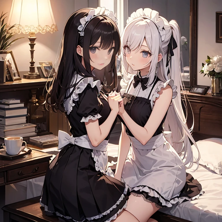 A group of maids, (in bedroom), various hair styles, harem, wearing maid clothes, night, details face, short skirt, seducing, sleeveless