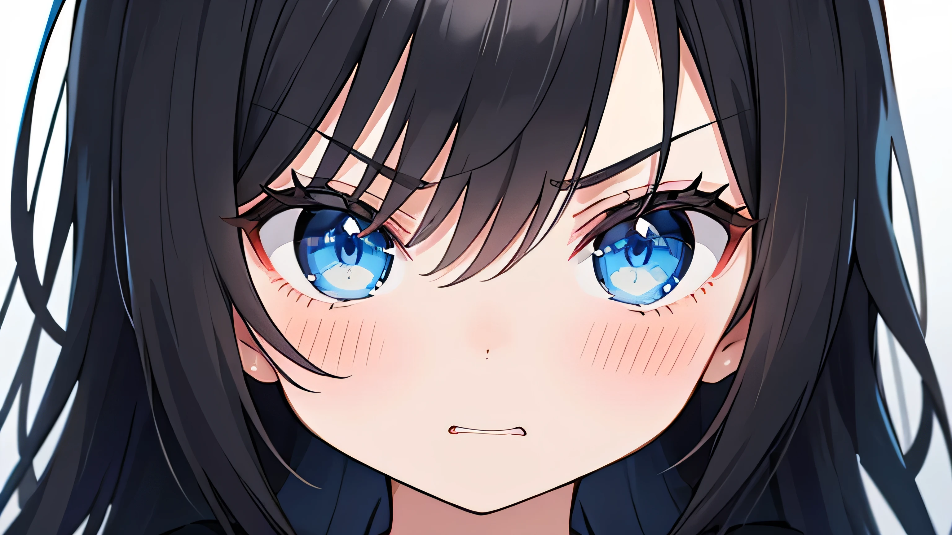 1 girl, black hair, blue eyes, wearing plain black hoodie, angry, looking at viewer, high res, ultrasharp, 8k, masterpiece