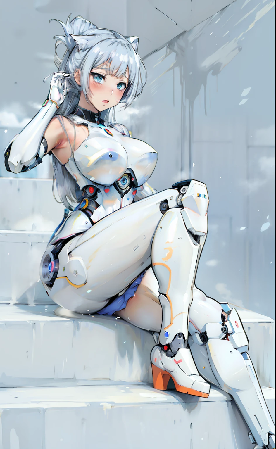 an anime picture of a woman in a white suit sitting on a stair, an anime drawing inspired by Leiko Ikemura, pixiv, furry art, fully robotic!! catgirl, anime manga robot!! anime girl, glossy white armor, gainax anime style, anime robotic mixed with organic, in white futuristic armor, perfect anime cyborg woman