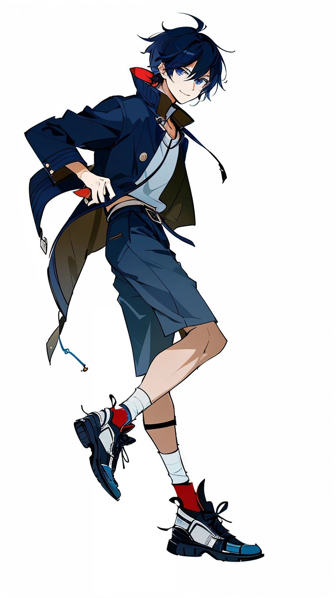 A young man with indigo hair, open_jacket, cover_page, from_side, looking_at_the_viewer, smile, simple_background, shone, dynamic_angle, messy_hair, hair_over_eye, full_body, dynamic_pose, shorts_with_leggings, sneakers