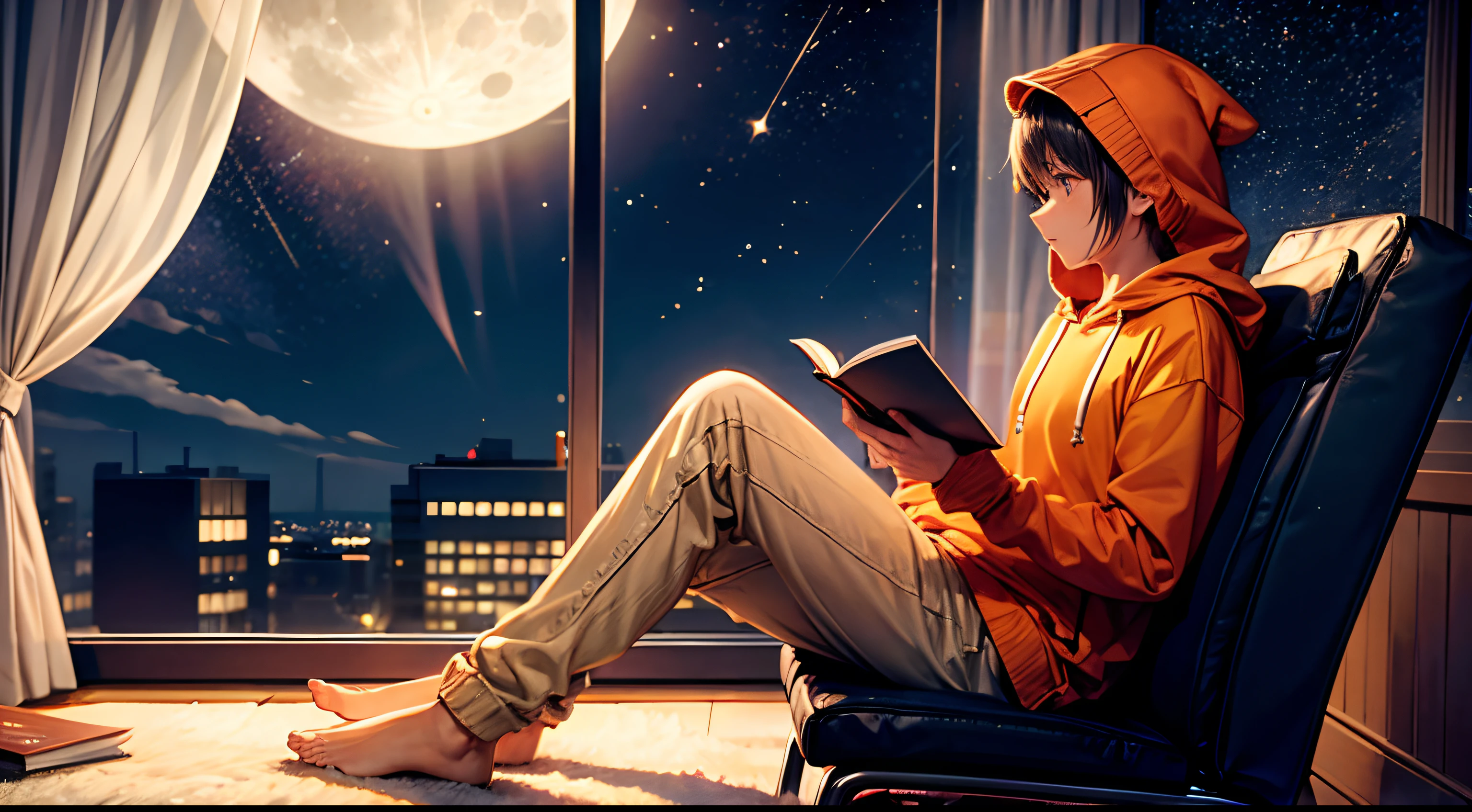 natta,Boy studying in orange light,profile,full body Esbian,Sitting in a chair,Hoodie and sweatshirt,Moon and stars outside the window,Swaying curtains