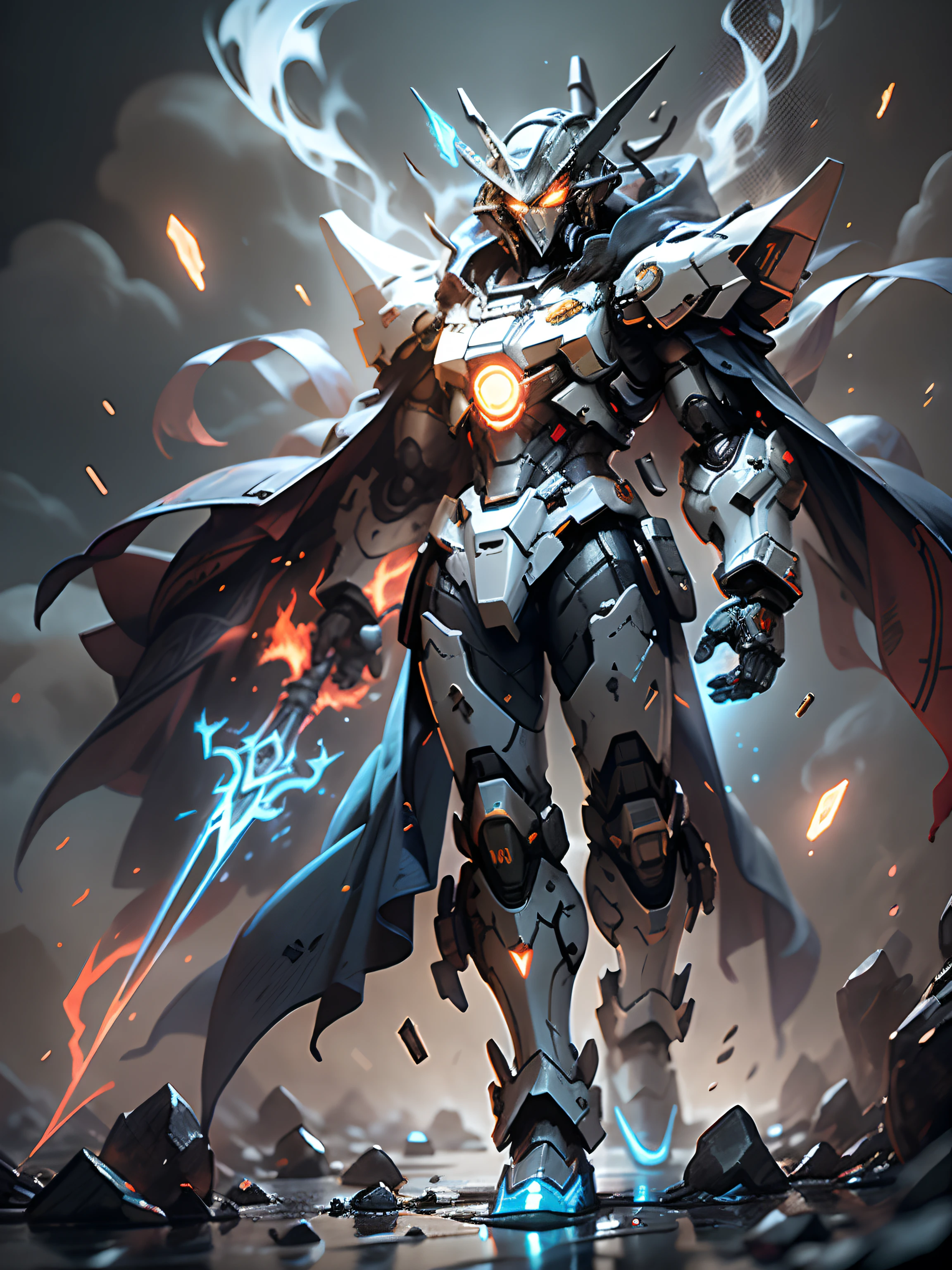 Mago Fantasma Vermelho, Gundam ,mago fantasma super legal, wearing blue mechanical armor, fogo fantasma ao redor, magic spells, burning vermelho flames in his hands, Proficient Spells, Magic Formation Pattern, corpo todo photo, perfect body proportions, figura alta, With a veil, Olhos azuis brilhantes, super detalhe, realista, brilhante, reflexivo, bioluminescent, galactic cyber mask, mecha, (carrasco: 1.2), cape, SH4G0D, Runas Brilhantes_vermelho, corpo todo, filme, fundo escuro, luz de fundo, alto contraste,