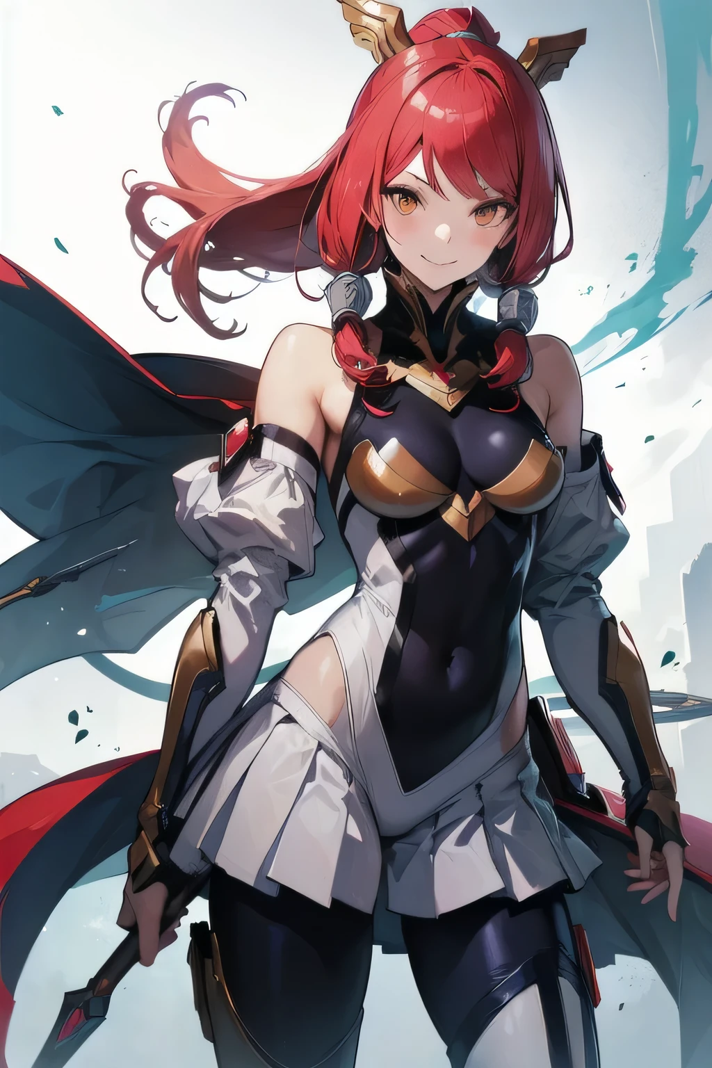 Izayoi (blazblue), orange eyes, red hair, ponytail, long hair, Small breasts, armor, bodysuit, boots, skin tight, skirt, thigh boots, thighhighs, 1girl, solo, facing viewer, looking at viewer, upper body, smile,
