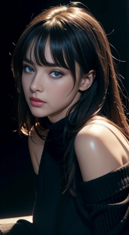 Ultra high resolution, Masterpiece, best quality, Perfect shiny skin, perfect light, Detailed light, Stunning shadow, Ray tracing, black sweater, looking at the audience, off shoulder, blue eyes, Sharp face, sharp eyes, cyberpunk, long bangs, Turn on the mouse, ((dark background))