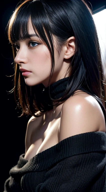 Ultra high resolution, Masterpiece, best quality, Perfect shiny skin, perfect light, Detailed light, Stunning shadow, Ray tracing, black sweater, looking at the audience, off shoulder, blue eyes, Sharp face, sharp eyes, cyberpunk, long bangs, Turn on the mouse, ((dark background))