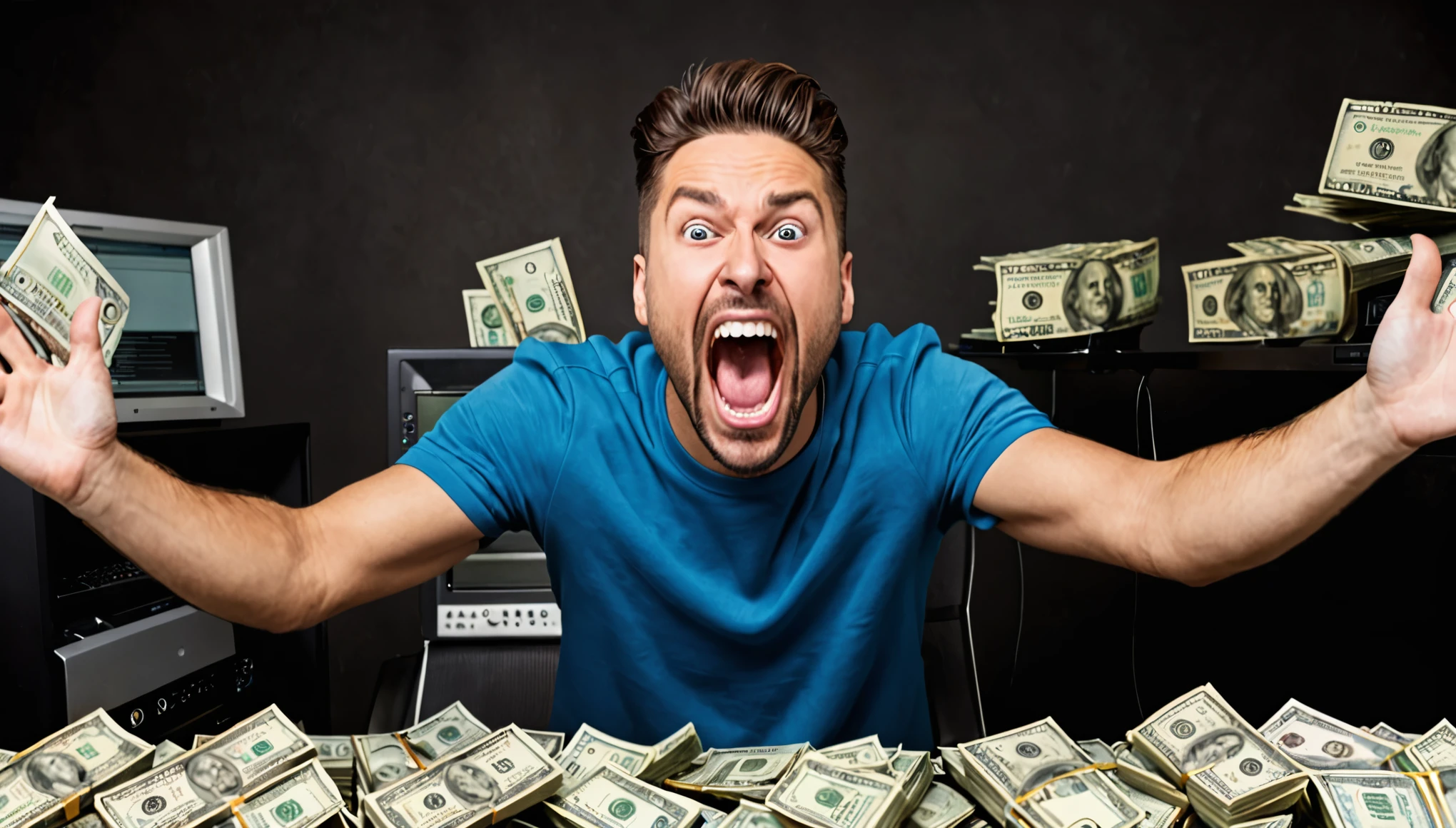 funny guy screaming, money hands, surrounded by money and computers,