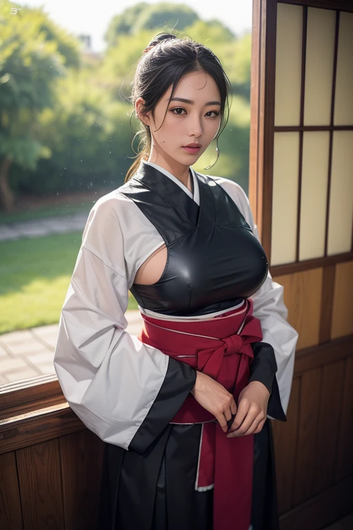 Woman wearing Japanese kendo armor、the large intestine、Large, straight breasts、Sagging lower back、Sweating、wet hair、Covered with water、Top quality、masterpiece、Photogenic、Front focus:1.0、Depth of Field,Bokeh、Midsummer Stadium、in the house、